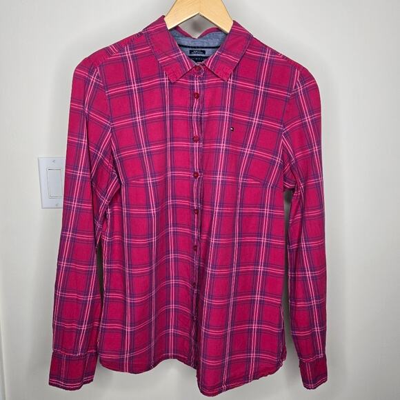 Tommy Hilfiger Pink Plaid Collared Long Roll-Tab Sleeves Button Front Size M - Picture 1 of 10